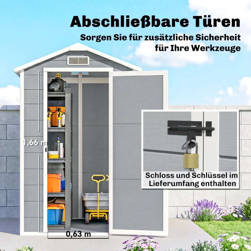 Outsunny Gartenschuppen, Kunststoff-Gartenhaus mit Boden, Fenster, verschließbare Türen, für Garten, 131B x 186T x 198H cm, Grau(m-6)