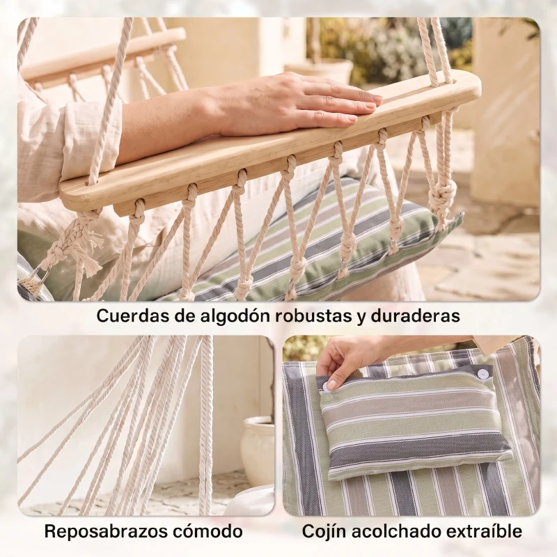 Outsunny Silla Colgante Estampado Rayas Hamaca con Cojín Reposacabezas para Interior Exterior 100x106 cm Carga Máx. 100 kg