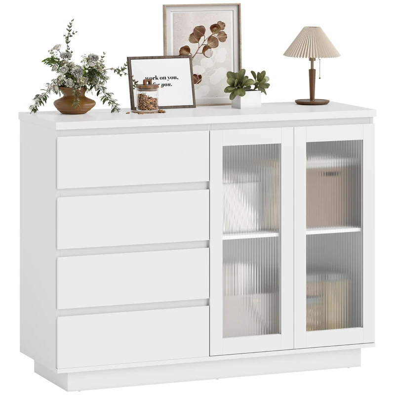 HOMCOM Buffetschrank, Sideboard mit 4 Schubladen, 2 Glastüren, modernes Design, MDF, Weiß
