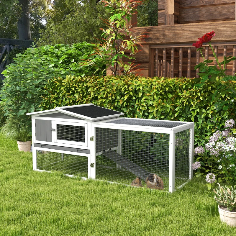 PawHut Clapier cage à lapins 2 étages tiroir déjection enclos extérieur amovible toit ouvrant 156x58x68cm bois massif pin