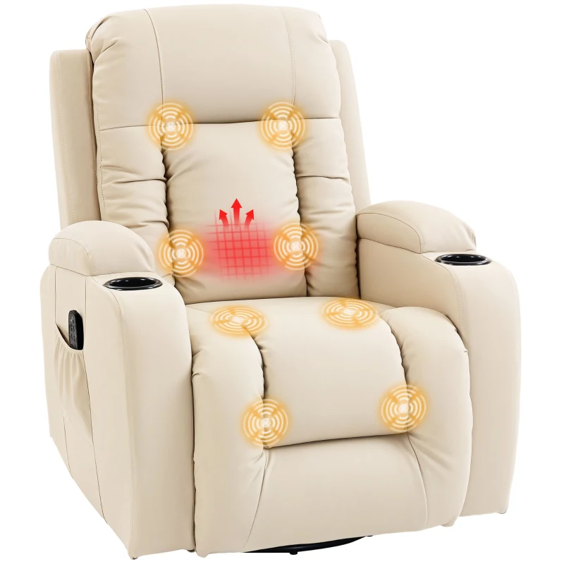 HOMCOM Massagesessel mit Wipp-, Liege- & Wärmefunktion, 3 Modi, drehbar, Cremeweiß