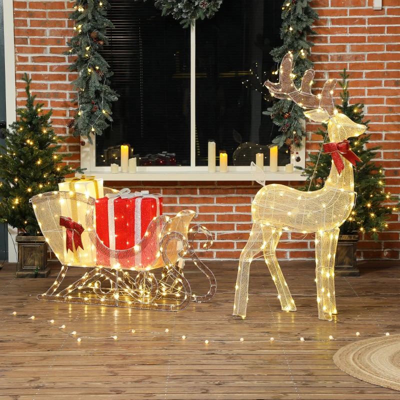 Outsunny Beleuchtetes Weihnachtsrentier mit Schlitten, warmweiße LEDs, Stahlrahmen, wasserfest, Goldfarben