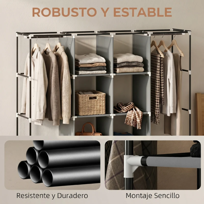 HOMCOM Armario de Tela Portátil con Ruedas 10 Compartimentos 2 Barras para Colgar Estructura de Acero Gris Oscuro