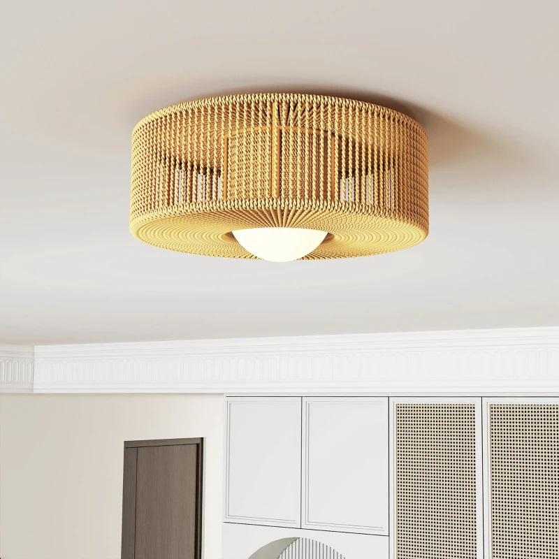 HOMCOM Deckenleuchte, Boho-Deckenlampe Hängend mit G9 LED Fassung, Lampenschirm aus Hanfseil Rund