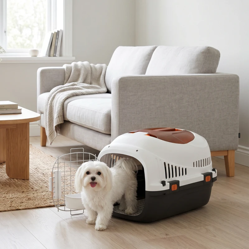 PawHut Plastic Pet Carrier Hard Shell Dog Cat Carrier Max 4 KG Steel Door Feed Bowl Secure Lock 49 x 32 x 31 cm