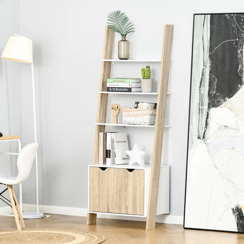 HOMCOM Estantería en Forma de Escalera de Madera Librería con 3 Estantes y 1 Armario de Almacenaje 60x40x171 cm Roble y Blanco
