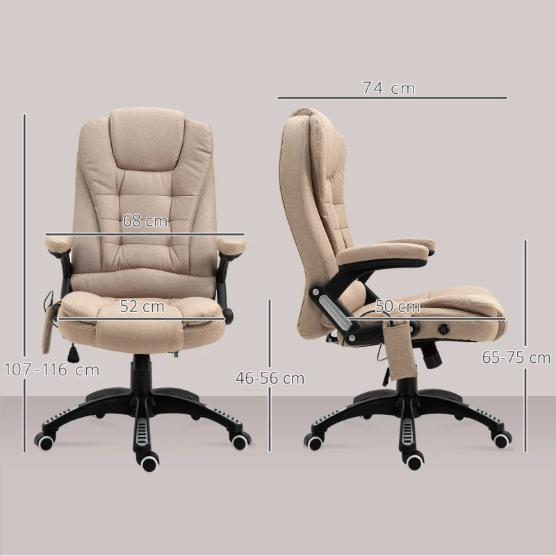 Vinsetto Silla Oficina con Masaje de 6 Puntos con Función Basculante con Calefacción Altura Ajustable 67x74x107-116 cm cm Caqui