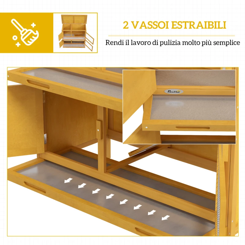 PawHut Conigliera a 2 Livelli in Legno di Abete e Bitume con Rampa, 2 Vassoi Estraibili 4 Porte, 97x44x91 cm, Giallo