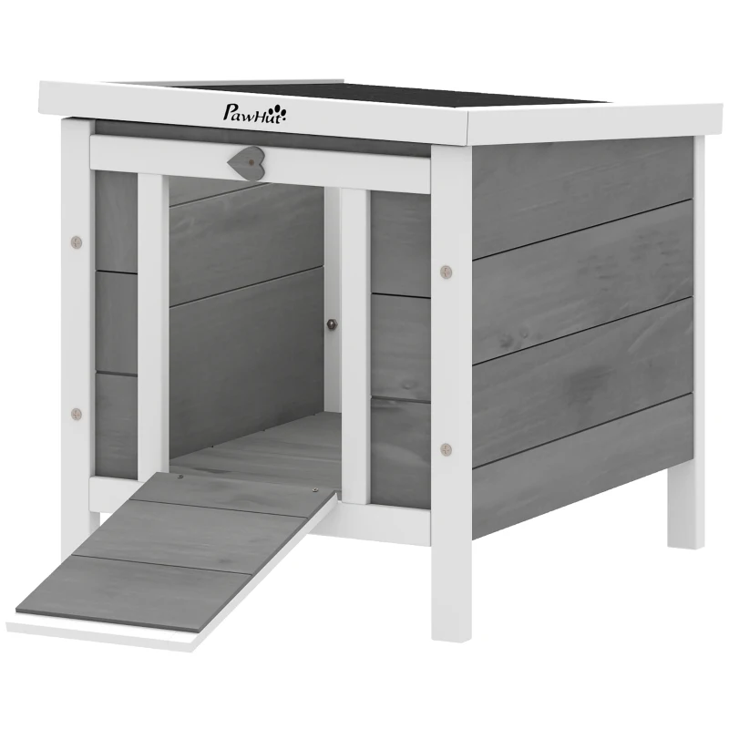 PawHut Conejera de Madera Exterior Jaula Caseta para Roedores Mascotas Pequeñas con Techo Asfáltico Se Puede Abrir y Rampa Antideslizante 42x51x43 cm Gris