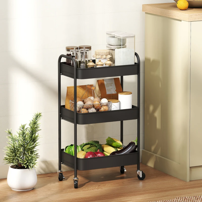 HOMCOM Mehrzweckwagen Rollwagen Küchenwagen, 3 Regale, 4 Rollen, 45 cm x 30,6 cm x 79 cm, Schwarz