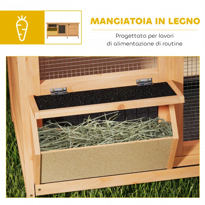 PawHut Conigliera in Legno da Esterno con Tetto in Asfalto, Casetta, Vassoi e Mangiatoia, 112x50x54 cm, Giallo