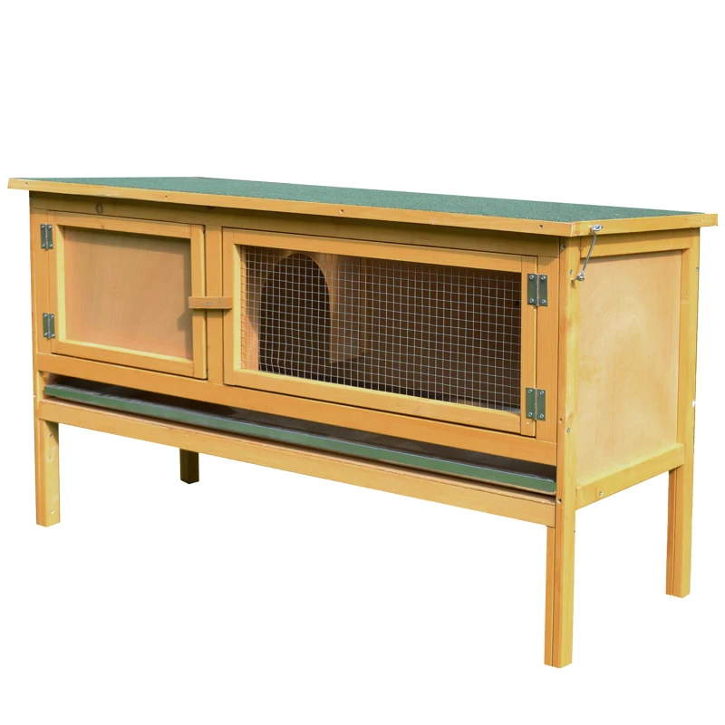 PawHut Hasenstall Kaninchenstall aus Holz mit aufklappbarem Dach, 2 Türen, auslaufsicherer Schale, 115x44,3x65 cm Hellgelb