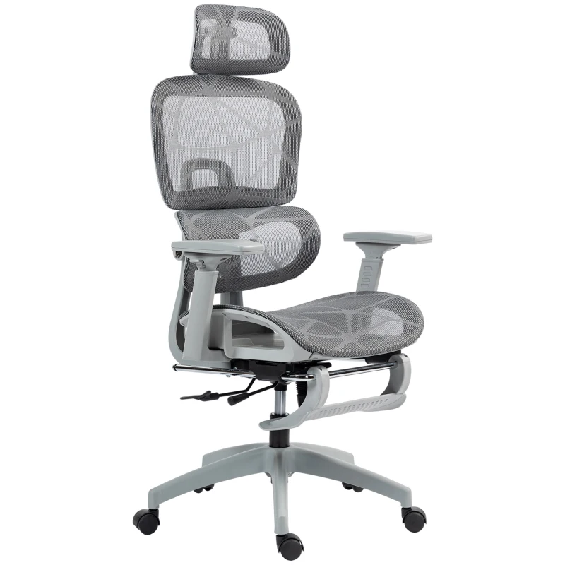 HOMCOM Bürostuhl, Ergonomischer Schreibtischstuhl mit Netzstoffbezug, verstellbar, rollbar, mit Armlehnen, Kopfstütze, Grau