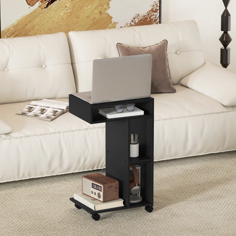 HOMCOM Beistelltisch, C-förmiger Servierwagen, 4 Rollen, 3 Fächer, 40 x 30 x 69 cm, Schwarz