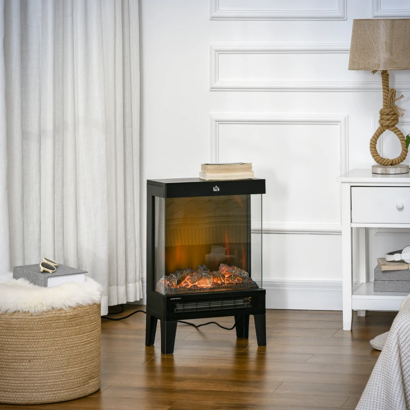 HOMCOM Elektrokamin, 2000 W, Standkamin mit Heizung LED 3D-Flammeneffekt, 4 Helligkeitsstufen, Elektrischer Kamin mit Thermostat, Überhitzungsschutz, Schwarz