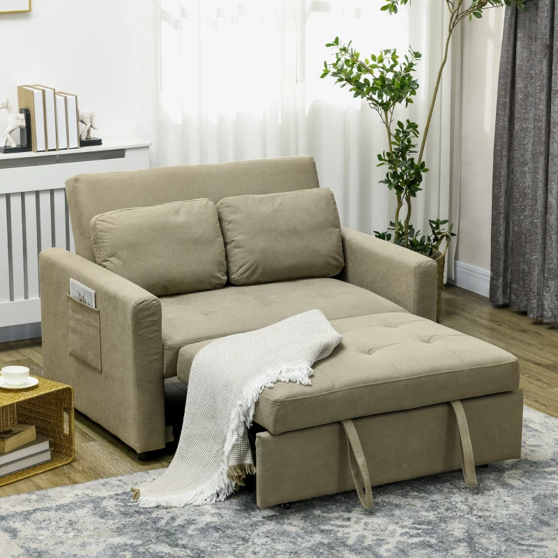 HOMCOM Loveseat Sofa Bed, Convertible Bed Settee with 2 Cushions, Side Pockets for Living Room, Light Brown