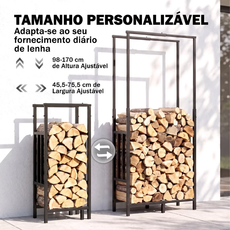 Outsunny Lenheiro Exterior em Aço Resistente para Lenha com Largura e Altura Ajustáveis, Carga 100 kg, 45,5-75,5x25x98-170 cm, Preto
