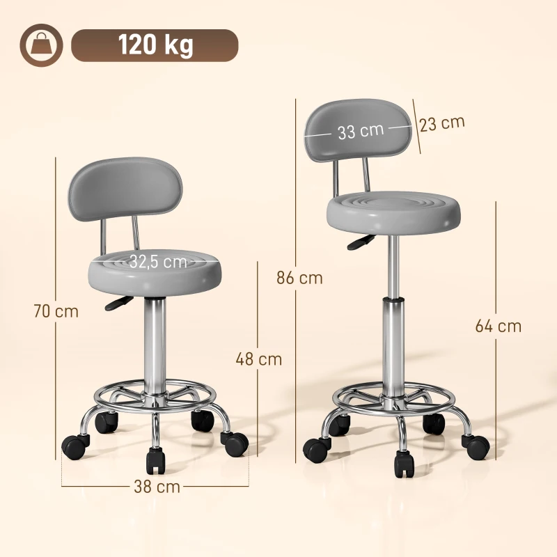 HOMCOM Rollhocker, Drehbarer und verstellbarer Hocker mit Rückenlehne, Kunstlederbezug, Fußstütze, für Frisiertische, Grau