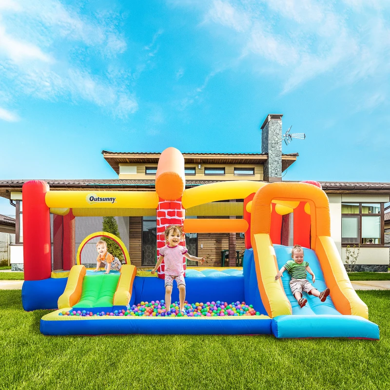 Outsunny Kids Bouncy Castle with Double Slides Pool Trampoline Climbing Wall w/ Blower