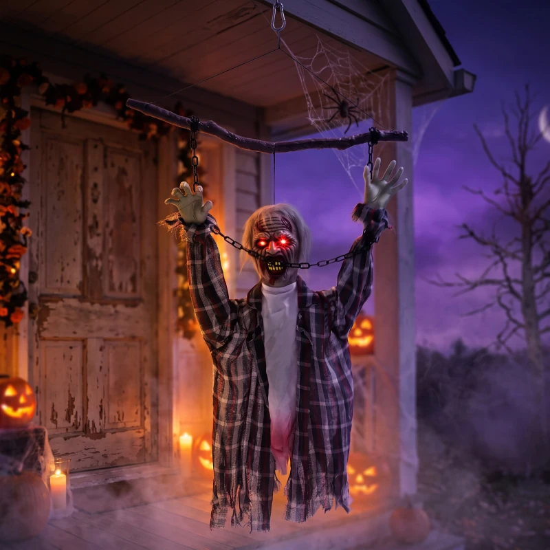 HOMCOM 110 cm animierte hängende Halloween-Deko, schreiender Zombie, Sound- & Berührungsaktivierung, rote LED-Augen
