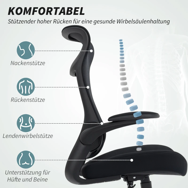 HOMCOM Ergonomischer Bürostuhl mit 3D-Armlehnen, Netzstoffrücken, S-förmige Rückenlehne, Kopfstütze, Kippfunktion, Schwarz