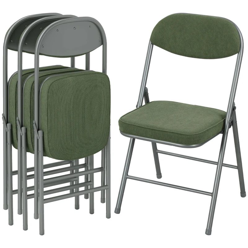 HOMCOM 4er-Set gepolsterte Klappstühle, Faltbare Stühle mit Cordbezug, Rückenlehne, Metallrahmen, Grün