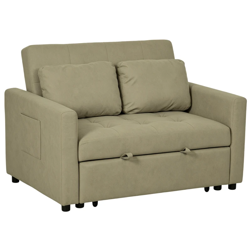 HOMCOM Loveseat Sofa Bed, Convertible Bed Settee with 2 Cushions, Side Pockets for Living Room, Light Brown
