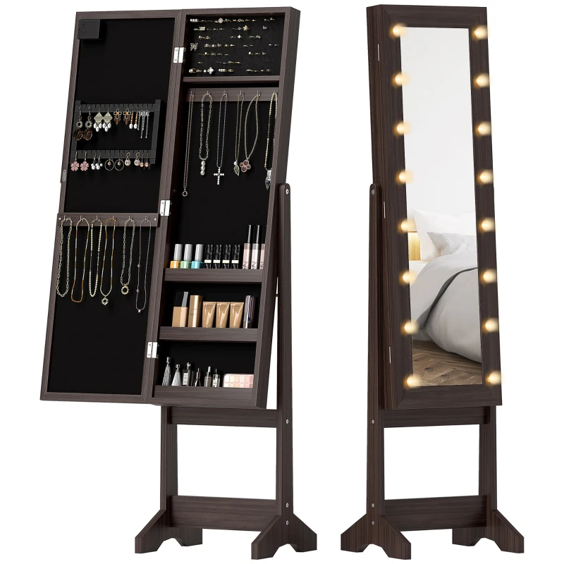 HOMCOM Dulap pentru bijuterii, dulap de depozitare pe picior, cutie pentru bijuterii cu oglindă, multiple spații de depozitare, iluminare LED, maro închis