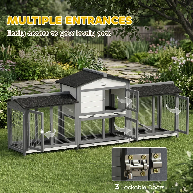PawHut 2-Tier Large Rabbit Hutch Outdoor with Double Side Run Boxes, No-leak Plastic Tray, Ramp, 230 x 53 x 93.5cm, Light Grey