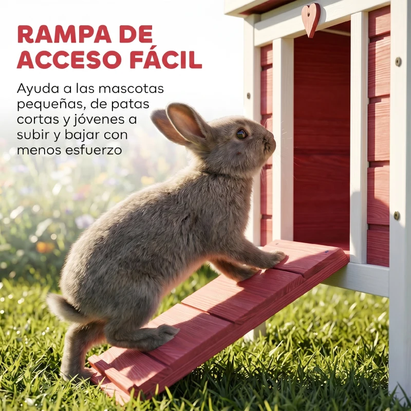 PawHut Conejera de Madera Exterior Jaula Caseta para Roedores Mascotas Pequeñas con Techo Asfáltico Se Puede Abrir y Rampa Antideslizante 42x51x43 cm Rojo