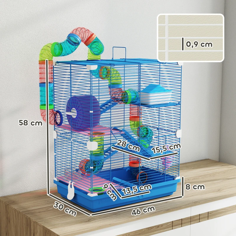 PawHut Gabbia per Criceti a 5 Livelli con Tubi, Ruota, Scale, Casetta e Bottiglia, 46x30x58 cm