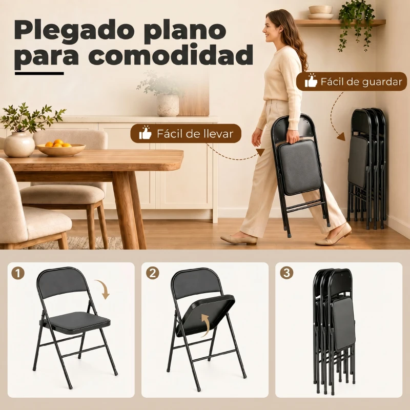 HOMCOM Juego de 4 Sillas Plegables Acolchadas con Respaldo y Estructura de Acero para Salón Comedor Cocina 45x46x78 cm Negro