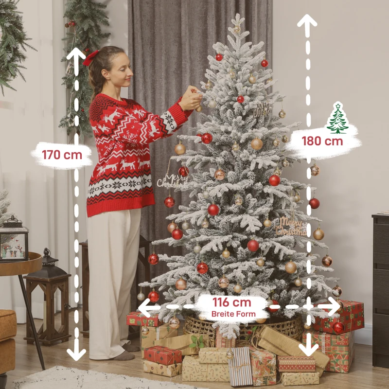 HOMCOM Künstlicher Weihnachtsbaum, 180cm Christbaum mit Schnee, 1815 Zweigen, klappbarem Metallständer