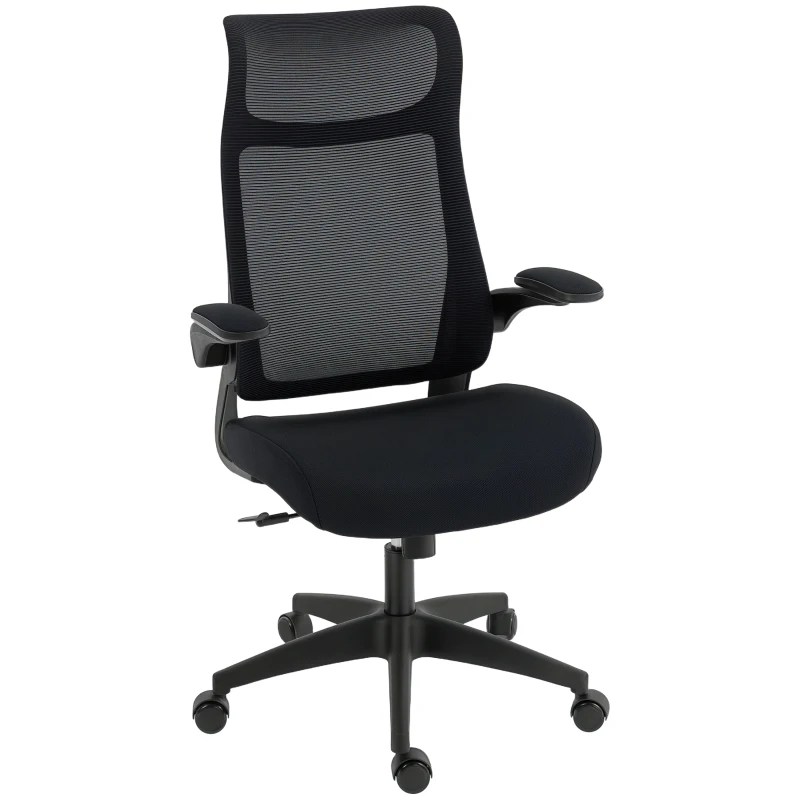 HOMCOM Ergonomischer Bürostuhl mit 3D-Armlehnen, Netzstoffrücken, S-förmige Rückenlehne, Kopfstütze, Kippfunktion, Schwarz