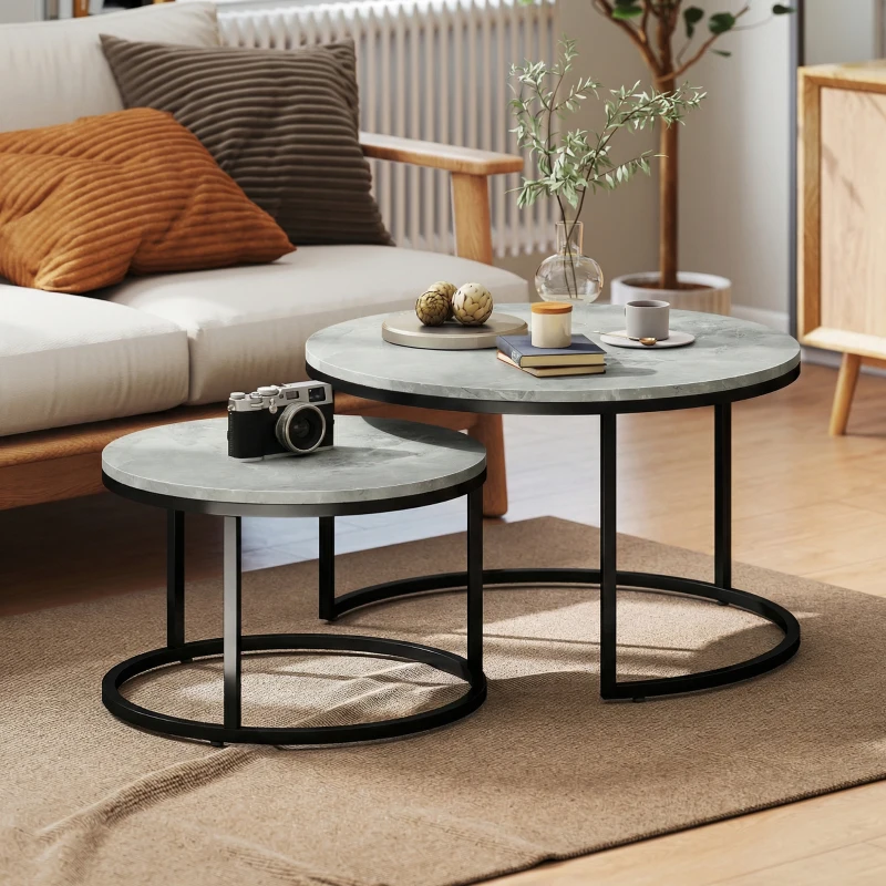 HOMCOM Modernes Kaffeetisch 2er-Set, Stapelbare Beistelltische mit Metallgestell für Wohnzimmer, Schlafzimmer, Büro, Grau