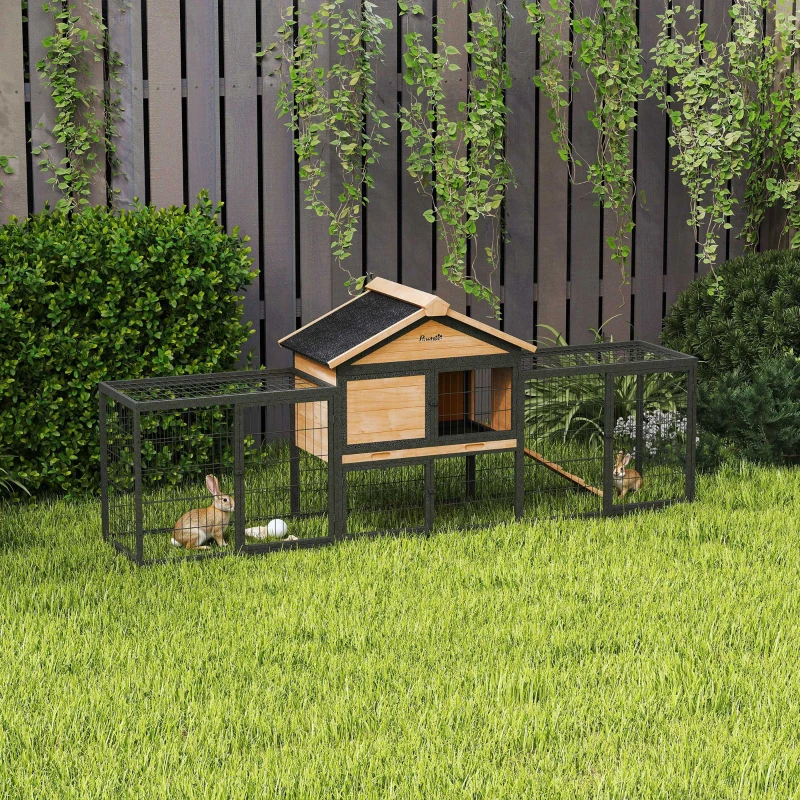 PawHut Wooden Rabbit Hutch Outdoor with Steel Run, Wooden Guinea Pig Cage with Removable Plastic Tray, Asphalt Roof, Ramp