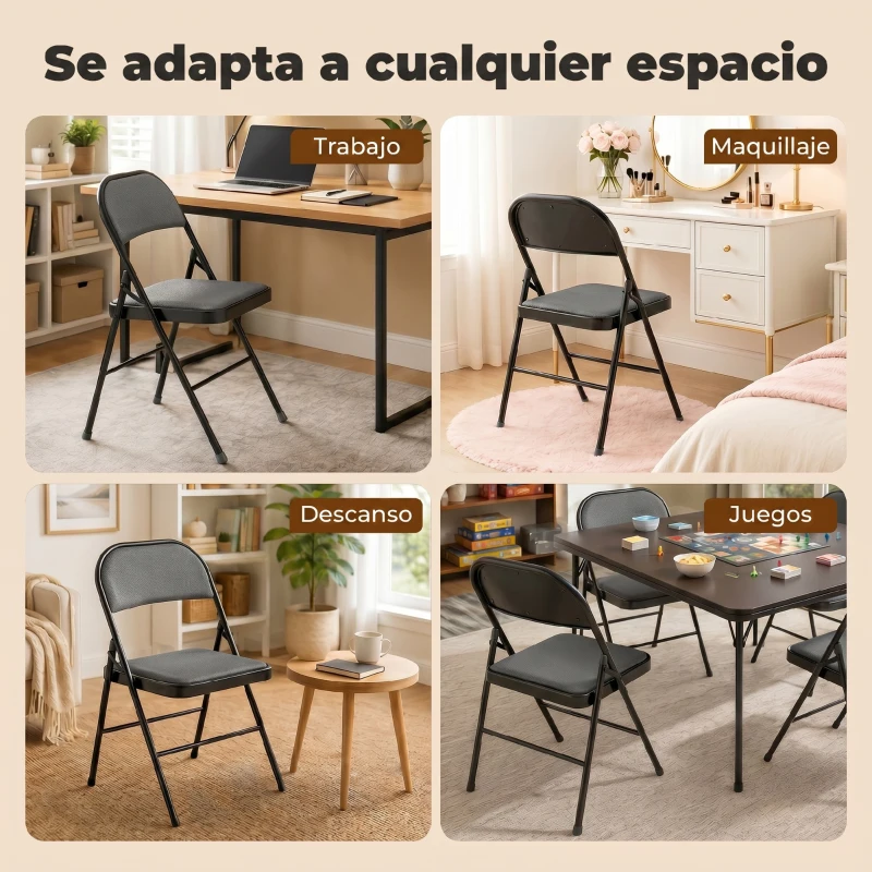 HOMCOM Juego de 4 Sillas Plegables Acolchadas con Respaldo y Estructura de Acero para Salón Comedor Cocina 45x46x78 cm Negro
