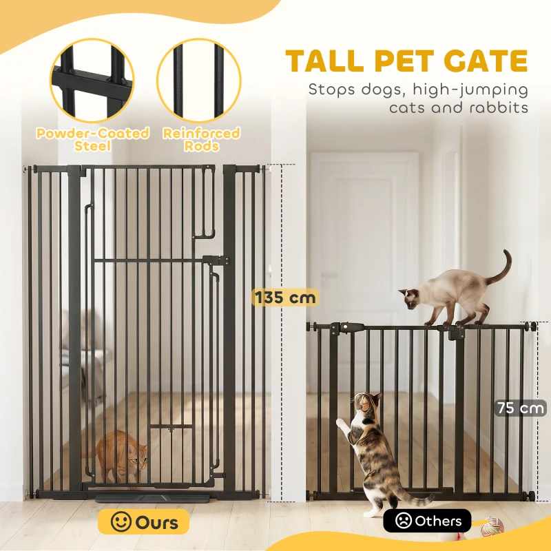 PawHut 135cm Extra Tall Dog Gate with Cat Door, Fits Openings 81-108 cm Pressure Mounted for Doorways, Hallways, No Drilling
