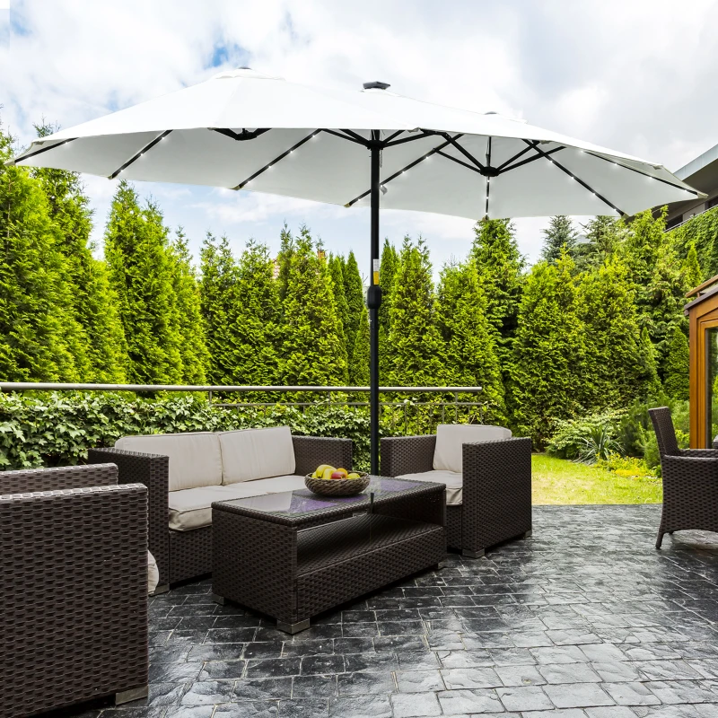 Outsunny Sombrilla Doble con 48 Luces LED 4,5x2,65 m Manivela Protección Solar para Terraza Jardín Piscina Crema