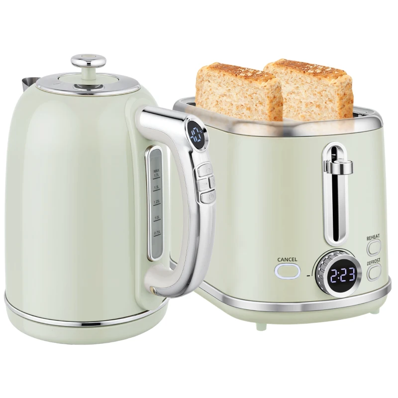 HOMCOM Wasserkocher- und Toaster-Set, LED-Anzeige, 1,7 Liter, 2200W, Retro-Design, Memory-Funktion, Grau