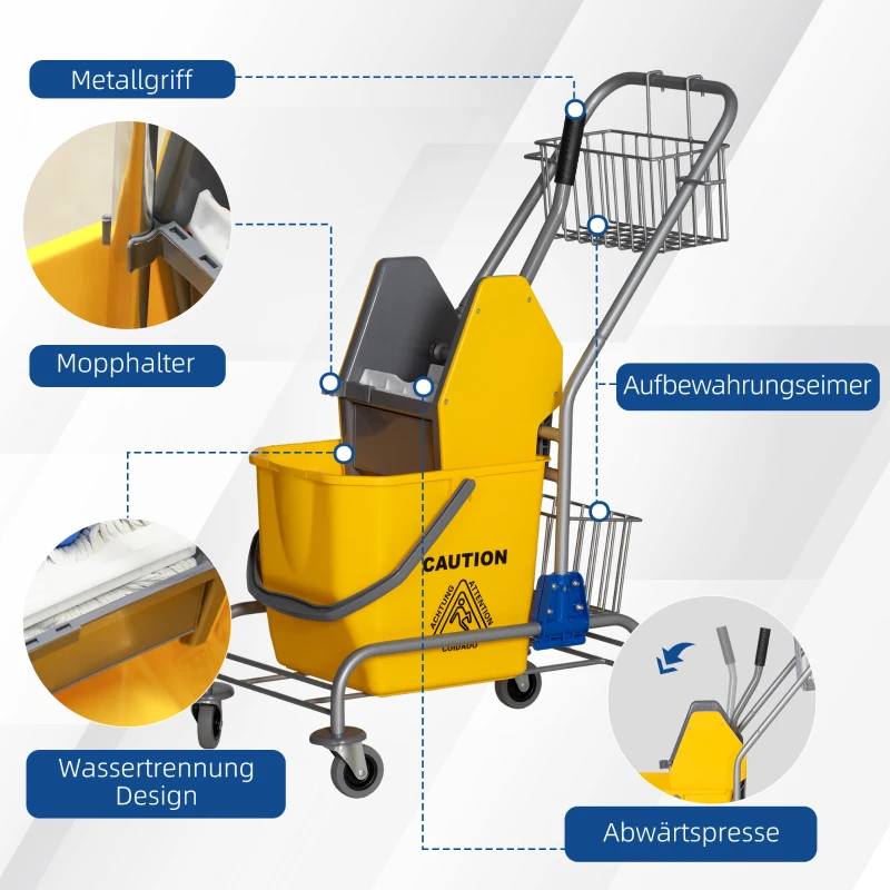 HOMCOM Reinigungseimer, Wischmoppeimer, rollbar, Kunststoff, Metallgriff, Gelb