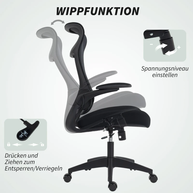 HOMCOM Ergonomischer Bürostuhl mit 3D-Armlehnen, Netzstoffrücken, S-förmige Rückenlehne, Kopfstütze, Kippfunktion, Schwarz
