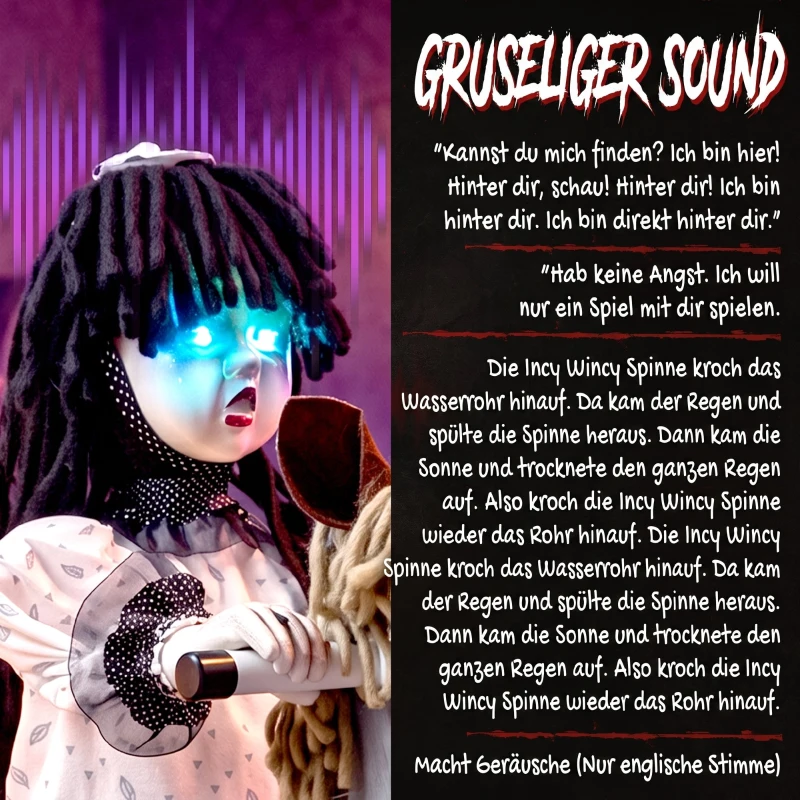 HOMCOM Animiertes Halloween-Mädchen auf Schaukelpferd mit gruseligen Reimen, leuchtenden Augen und Sound-/Touch-Aktivierung