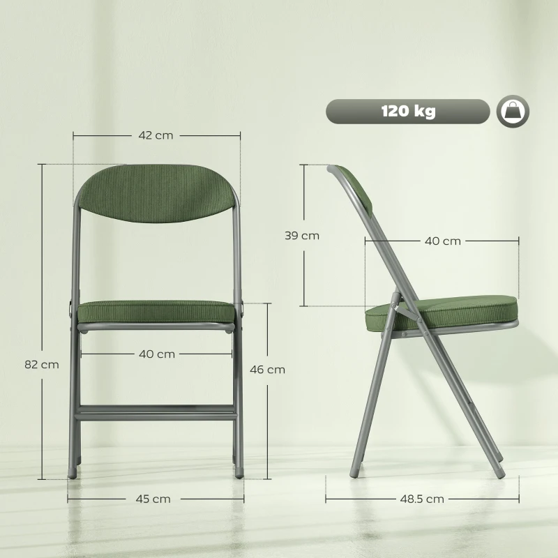 HOMCOM 4er-Set gepolsterte Klappstühle, Faltbare Stühle mit Cordbezug, Rückenlehne, Metallrahmen, Grün