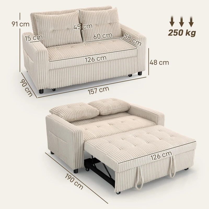 HOMCOM 2-Sitzer Sofabett, Cordbezug, zum Schlafsofa umwandelbar, 2 Kissen, Seitentaschen, 157 x 190 cm, Cremeweiß