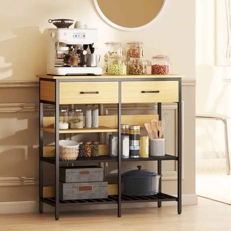 HOMCOM Sideboard, Kommode mit 2 Schubladen, 3 offenen Regalen Küchenschrankfür Küche, Wohnzimmer 90 x 40 x 91 cm, Naturholz