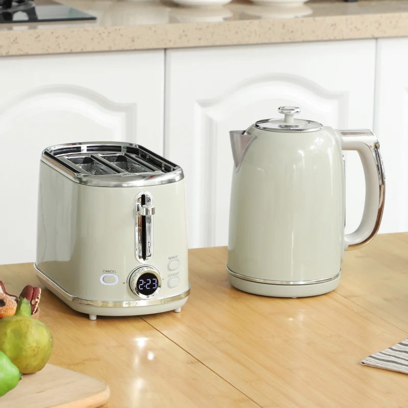 HOMCOM Wasserkocher- und Toaster-Set, LED-Anzeige, 1,7 Liter, 2200W, Retro-Design, Memory-Funktion, Grau
