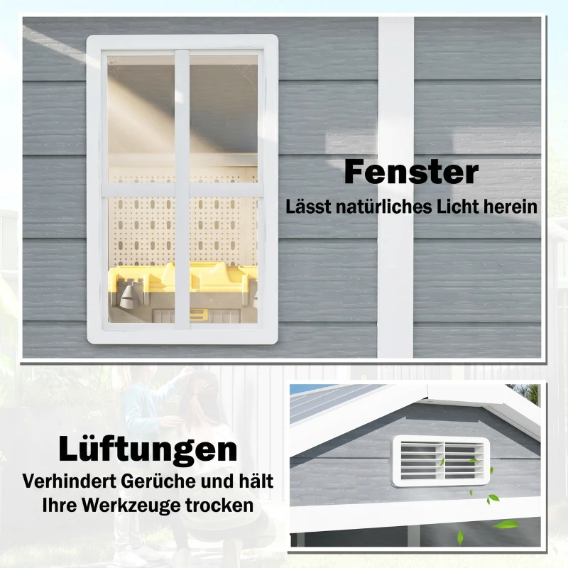 Outsunny Gartenschuppen, Kunststoff-Gartenhaus mit Boden, Fenster, verschließbare Türen, für Garten, 131B x 186T x 198H cm, Grau(m-5)