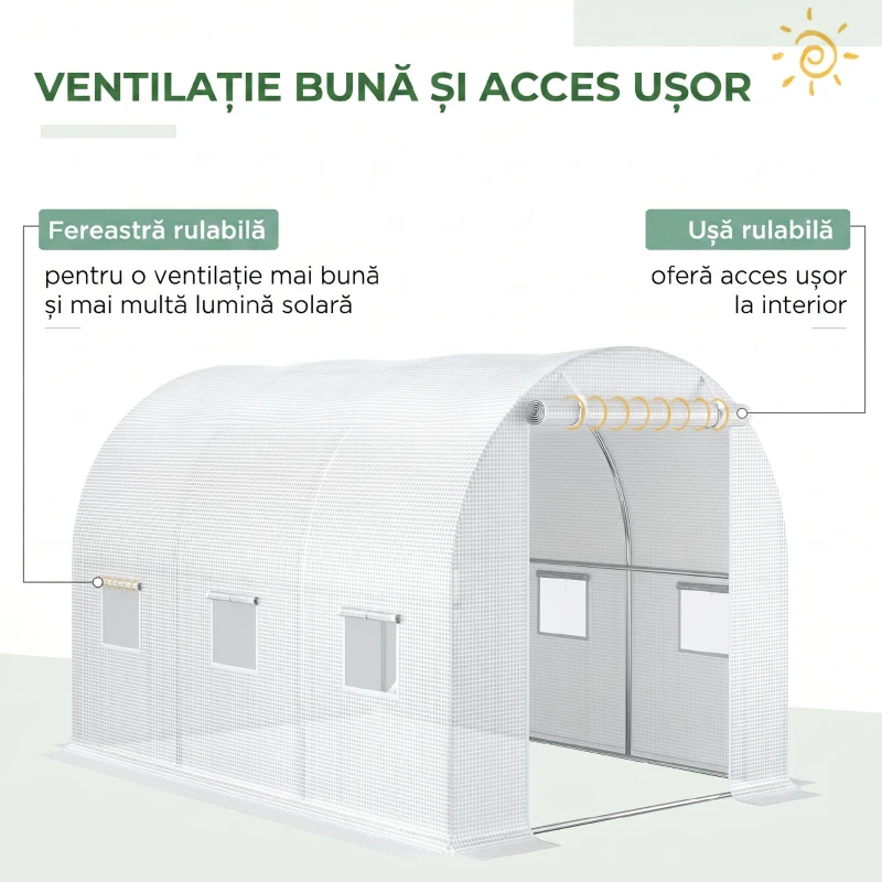 Outsunny Folie Sere din PE cu 6 Ferestre, Ușă Rulantă și Margini Îngropate, 3x2x2 m, Alb