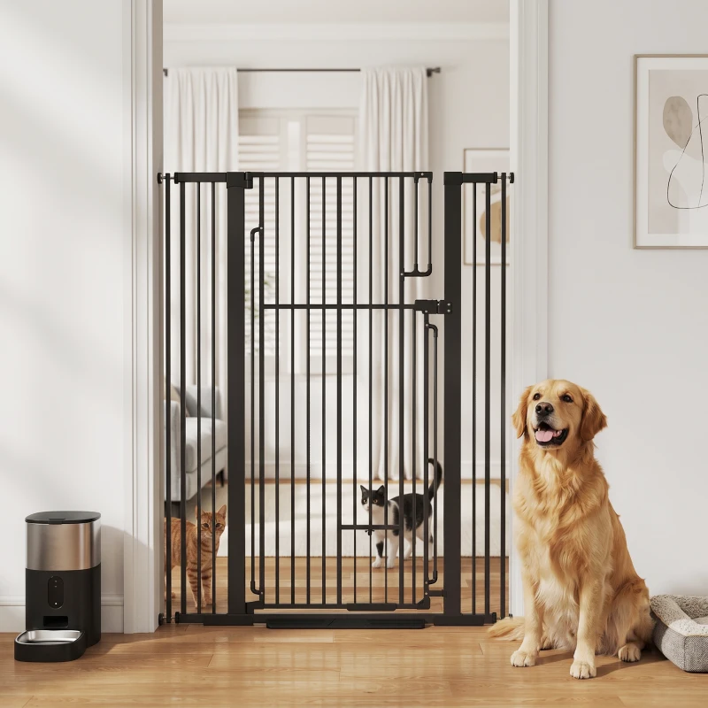 PawHut 135cm Extra Tall Dog Gate with Cat Door, Fits Openings 81-108 cm Pressure Mounted for Doorways, Hallways, No Drilling